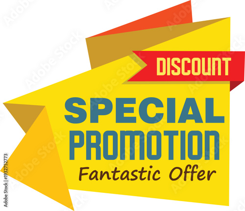 A yellow and red promotional discount sign with blue and brown text