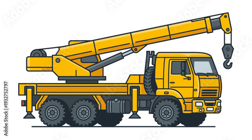 Yellow mobile crane truck with extended boom and hook, isolated on white background.