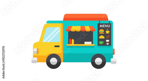 Colorful food truck with menu and snacks displayed, isolated on white background