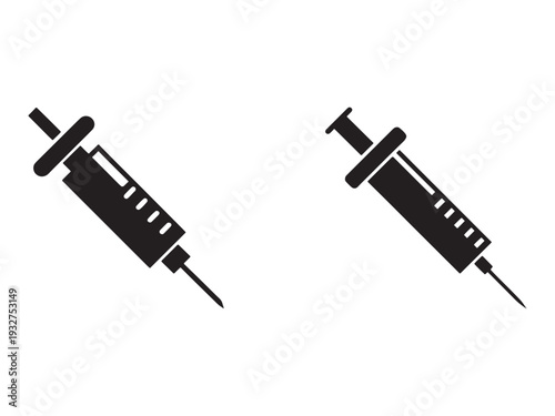 Two identical medical syringes with needles for injection or vaccination isolated on white background for health and medicine concepts
