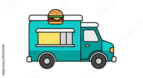 Turquoise food truck with burger icon on top, flat design, isolated on white background