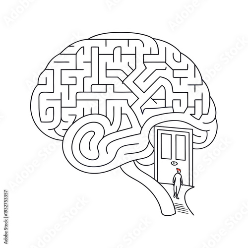 Vector illustration of a person standing in front of a door in a brain maze