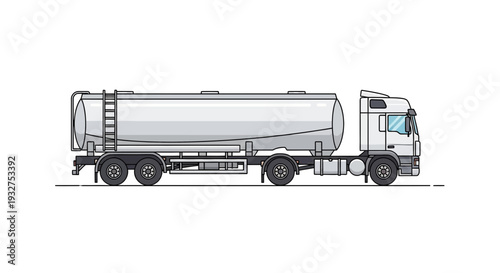 White tanker truck, side view, isolated on white background, illustration