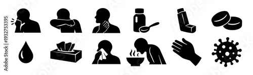 Cough and Cold Symptom Silhouettes Set – Respiratory Illness and Healthcare Icons