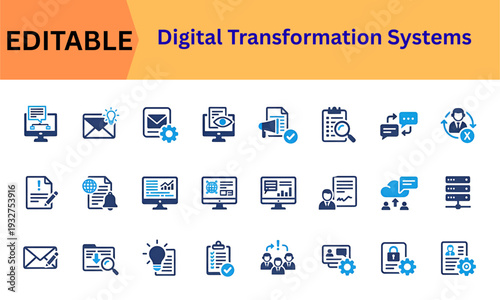 Business infrastructure and digital transformation professional UI icons. Cyber risk management, research analytics, process control and digital ethics