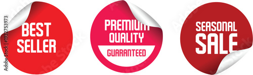 Three red and pink stickers with white text on a white background