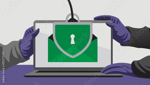 Flat vector illustration of phishing protection concept showing suspicious email blocked by shield icon. Cybersecurity awareness, email security, online safety and data protection theme. Simple flat d