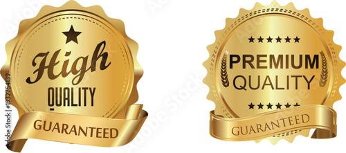 Two gold quality guarantee seals with ribbons on a white background