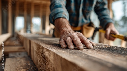 Close-up of a skilled carpenter's calloused hand resting on a large wooden beam at a house construction site