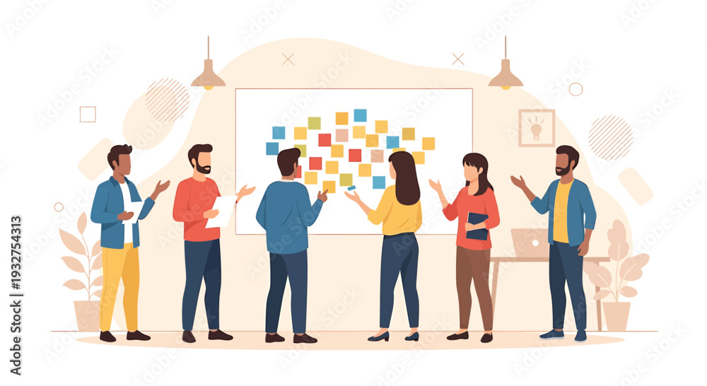 Obraz premium Diverse team brainstorming ideas on sticky notes board, collaborative business strategy