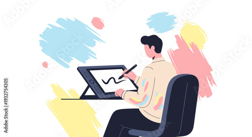 Digital Artist Drawing on Tablet, Creative Workstation, Modern Design