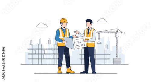 Construction workers discussing blueprints on a building site with crane and city skyline