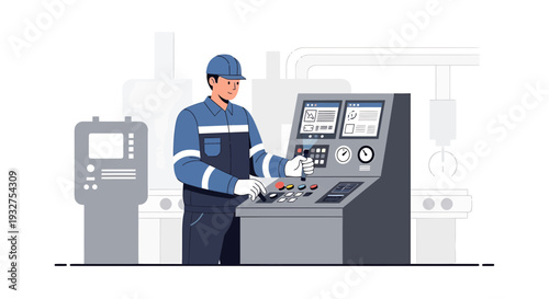 Factory worker operating control panel in industrial production line