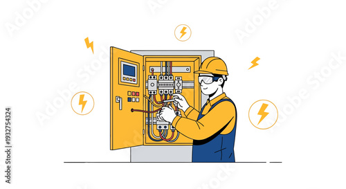 Electrician working on electrical panel, power distribution, safety equipment, energy concept