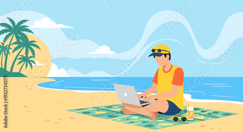 Man Working Remotely on Laptop at Tropical Beach Paradise