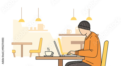 Man working on laptop in cafe with coffee, illustration style