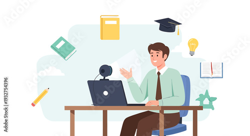 Online Education Concept: Man with Laptop, Books, Graduation Cap, Lightbulb