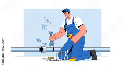 Plumber Fixing Pipe with Tools, Professional Repair Service, Maintenance Work