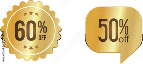 Golden discount labels with 60 percent and 50 percent off