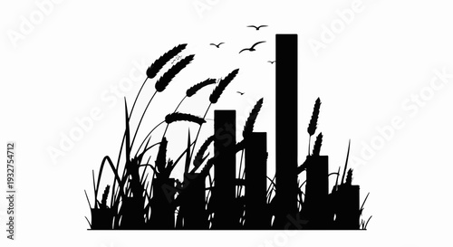 Silhouette of tall grass and reeds against a skyline of abstract buildings, with birds flying overhead.
