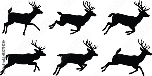 Deer silhouettes collection in running and jumping poses isolated on white background black and white wildlife illustration set