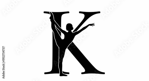 Elegant dancer forms graceful pose within stylized letter K silhouette