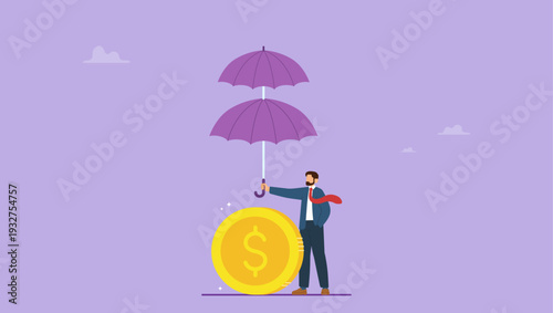 Businessman holding double layers umbrella to protect money coin. Extra protection for financial, security or safety guard protect concept, business protection or insurance.