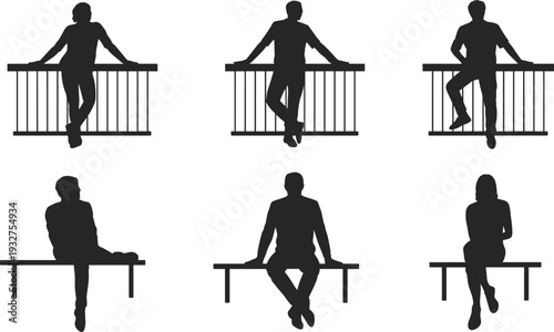 Silhouette collection of men and women sitting and leaning on railing and bench isolated on white background vector illustration set modern minimal black figures