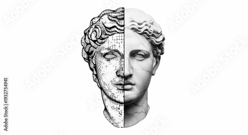 Ancient marble bust split between classical sculpture and textured abstract art, representing duality.
