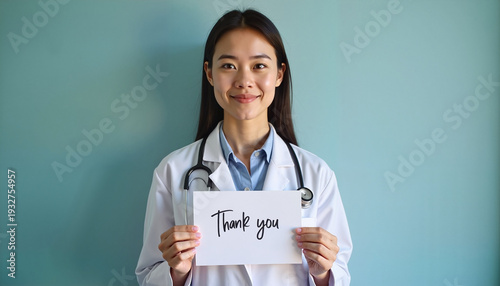 Smiling female doctor holding thank you sign against blue background  
