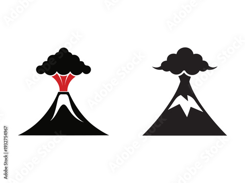 Two volcanic eruption icons with smoke and lava flowing out natural disaster symbols isolated on white background