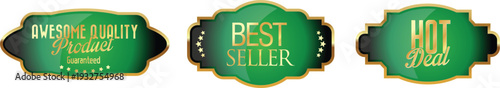 Three green and gold product labels on a white background