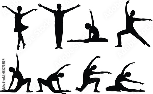 Silhouette set of ballet and modern dancers performing expressive poses isolated on white background black and white dance illustration collection