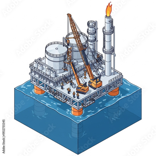 Offshore oil rig platform with crane and flare stack.