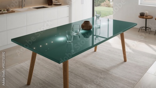 Modern minimalist kitchen interior with green glass table, wooden legs, and decorative glassware in natural light