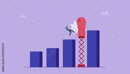 Businessman being hit by a big boxing glove and falling from growing rate graph. Obstacle in business concept.
