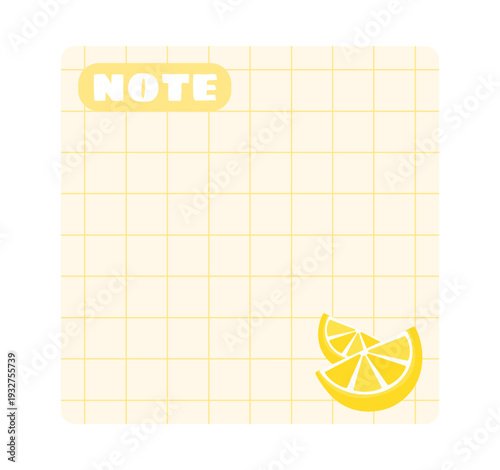 Yellow paper memo. Blank sticky note with lemon design. Vector illustration.
