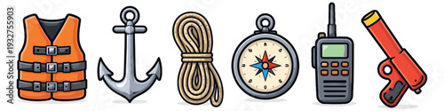 Collection of nautical and safety equipment for maritime adventures and emergencies