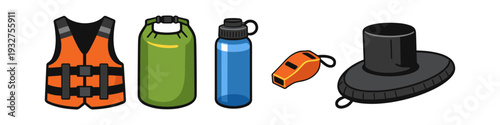 Outdoor adventure gear including life vest, dry bag, water bottle, whistle, and kayak skirt