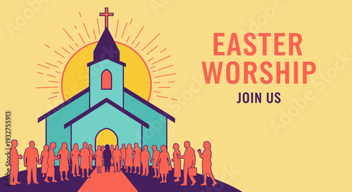 Easter Church Worship Poster Flat Vector Illustration