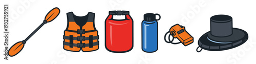 Kayaking and water sports equipment including paddle, life vest, dry bag, water bottle, and whistle