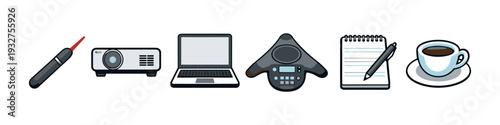 Collection of business meeting and presentation equipment icons on a white background