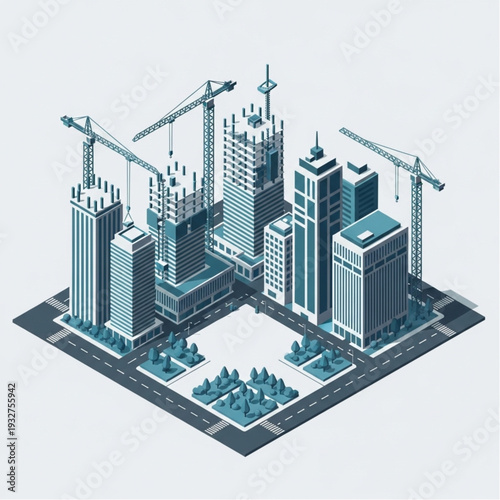 Isometric cityscape with modern skyscrapers under construction.