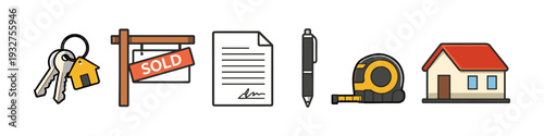 Real estate icons: keys, sold sign, contract, pen, tape measure, and house