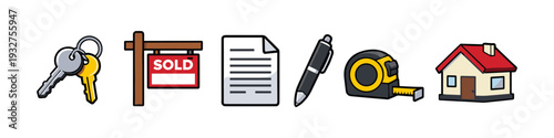 Real estate transaction icons: keys, sold sign, contract, pen, tape measure, and house