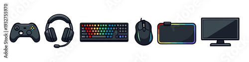 Collection of modern gaming accessories including a controller, headset, keyboard, mouse, and monitor