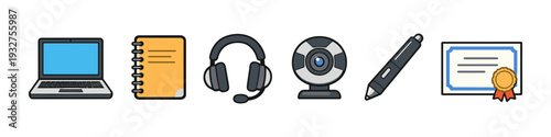 Collection of icons representing online learning and remote work tools