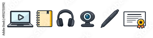 Online learning tools including laptop, notebook, headphones, webcam, stylus, and certificate