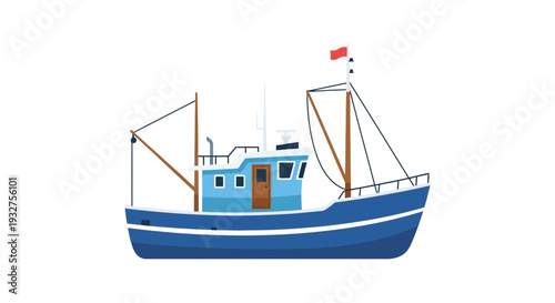 Blue fishing trawler boat with red flag on white background