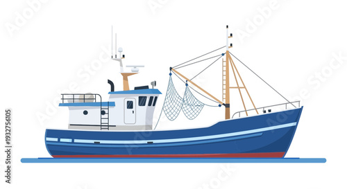 Blue fishing trawler boat with nets on white background